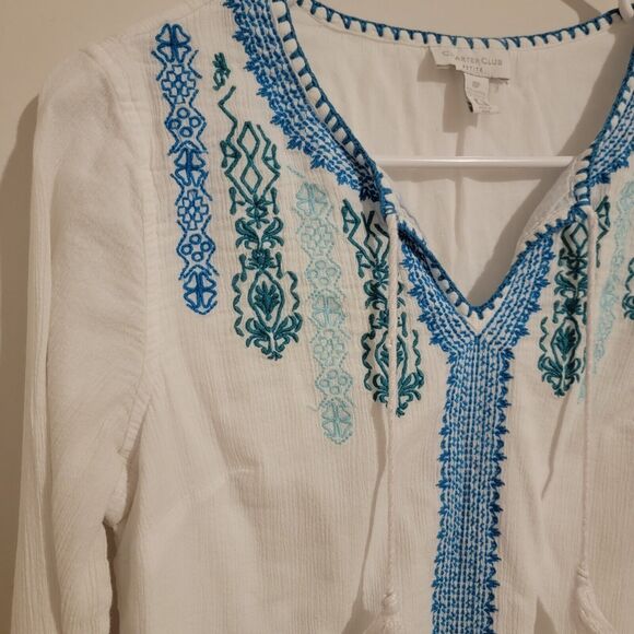 Charter Club‎ Womens Top Size 10 Petite Embroidered Boho Gauze Peasant Ren Faire - Picture 4 of 7